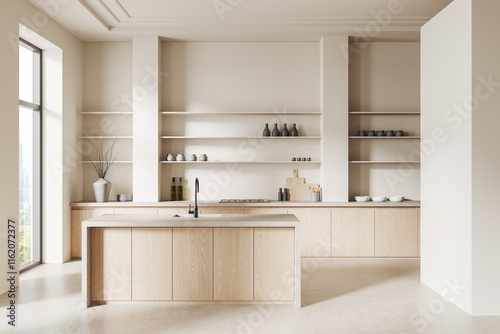 Modern kitchen interior with natural wood cabinets, open shelving, and minimalist decor featuring neutral tones and natural light. 3D Rendering