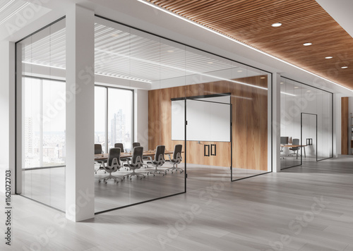 Modern open office interior with glass walls, wood panel accents, and city view in the background. 3D Rendering