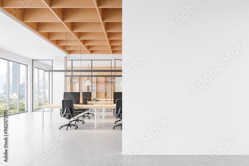 Modern open space office interior with wooden ceiling and glass partitions, featuring desks and chairs in a bright environment. 3D Rendering photo