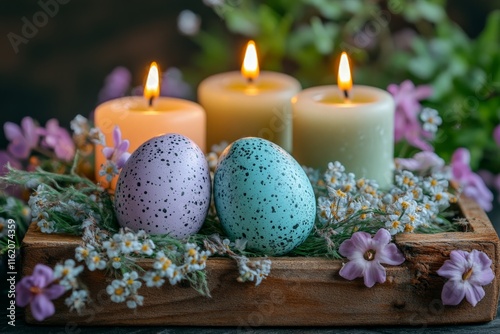 Colorful speckled eggs surrounded by candles and flowers create a serene Easter display in soft lighting photo