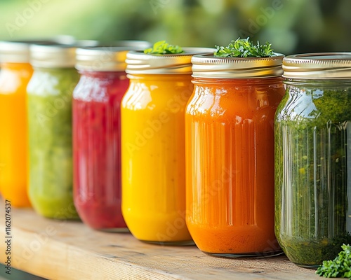 Jars of lowcalorie vegetable soup placed neatly on a wooden table, in a bright kitchen setting with soft shadows, creating a fresh and inviting atmosphere photo