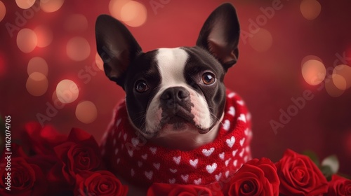 Adorable Boston Terrier Dressed for Valentine s Day in Heart Patterned Scarf and Surrounded by Roses photo