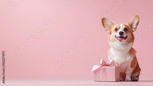 Adorable Corgi Sitting Next to a Wrapped Valentine s Day Gift Box photo