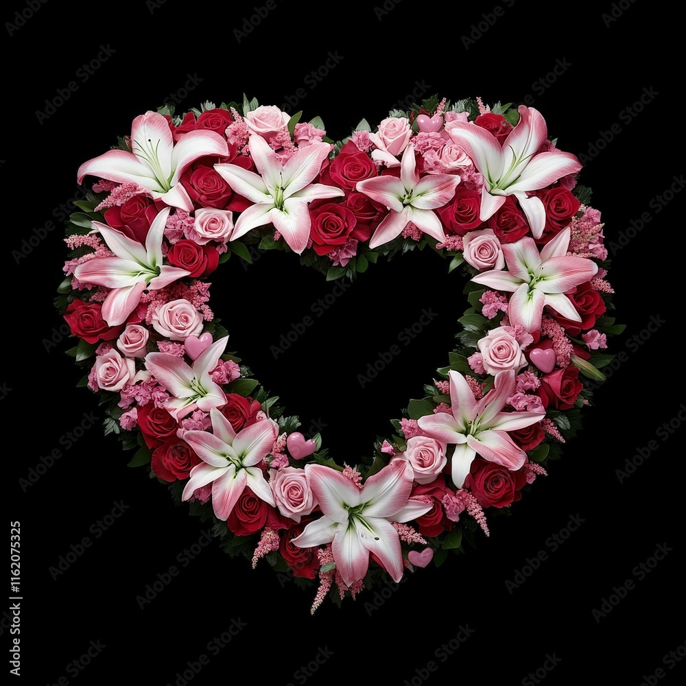 A heart-shaped floral arrangement featuring pink lilies and red roses set against a black background, symbolizing love and affection, often used for romantic occasions or celebrations. A heart-shaped floral arrangement featuring pink lilies and red roses set against a black background, symbolizing love and affection, often used for romantic occasions or celebrations.