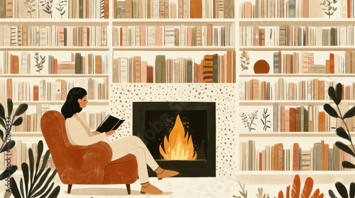 A nostalgic illustration of a woman seated on a cozy armchair reading a book, surrounded by a warm vintage library with shelves filled with books, a crackling fireplace casting soft amber light. The s photo