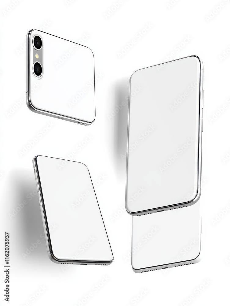 Realistic smartphone mockup. Cellphone with blank white screen, mobile phone in different angles of view 3d isolated template Realistic smartphone mockup. Cellphone with blank white screen, mobile phone in different angles of view 3d isolated template