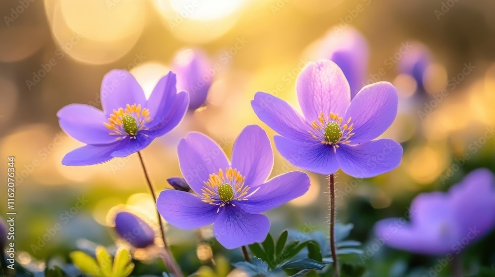 Fototapeta premium Purple Wildflowers in Golden Hour Light, Close-Up of Delicate Blooms with Warm Bokeh Background, Nature's Beauty Captured, Ai Generation