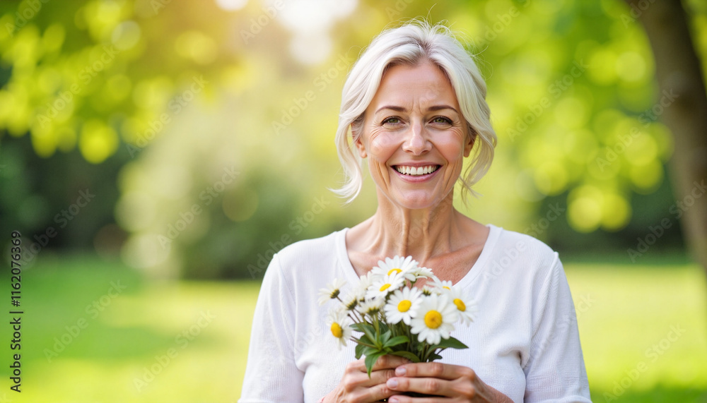 Smiling elderly woman holding flowers in a sunny park Smiling elderly woman holding flowers in a sunny park