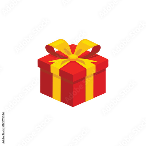 Red Gift Box with Yellow Bow isolated flat vector illustration on white background.