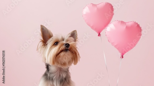 Adorable Yorkshire Terrier Playing with Heart Shaped Balloons in a Pastel Pink Studio