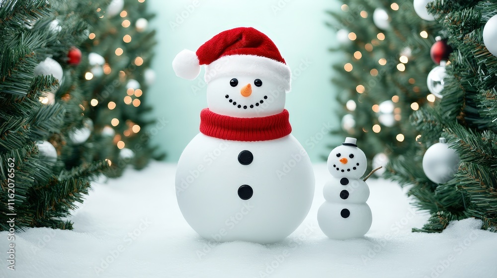 A festive scene featuring two cheerful snowmen, one large and one small, set against a backdrop of evergreen trees adorned with lights and ornaments, evoking a holiday spirit.