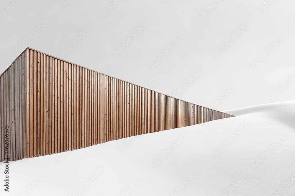 diagonal wooden fence partially covered in snow stretches across frame dividing minimalist composition into sections diagonal wooden fence partially covered in snow stretches across frame dividing minimalist composition into sections