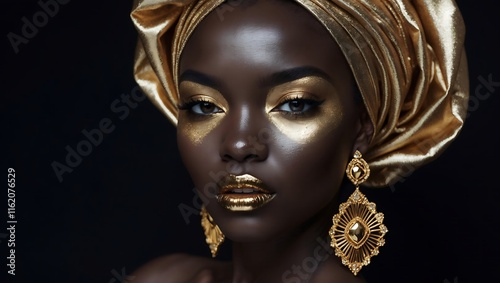 Golden Goddess Headshot Gold Makeup Headwrap Jewelry Elegance photo