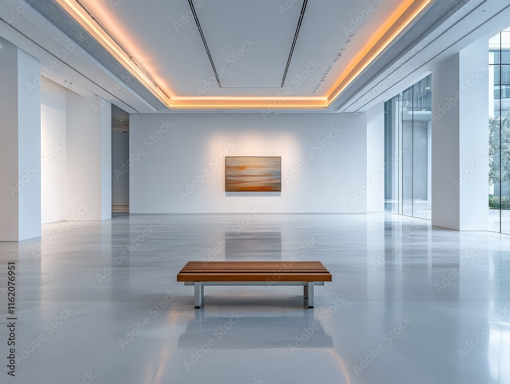 Fototapeta premium Elegant Minimalist Art Gallery Interior Design with a Clean Aesthetic Featuring Soft Tones and Inviting Natural Light on a Spacious Wall