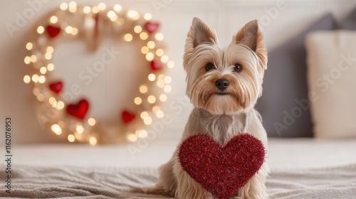 Cheerful Yorkshire Terrier Posing Beside a Festive Valentine s Wreath photo