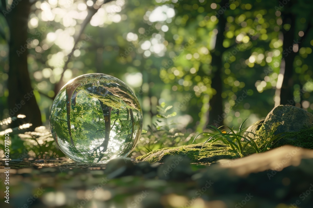 Environment conservation concept. Close up of glass globe in the forest with copy space Environment conservation concept. Close up of glass globe in the forest with copy space