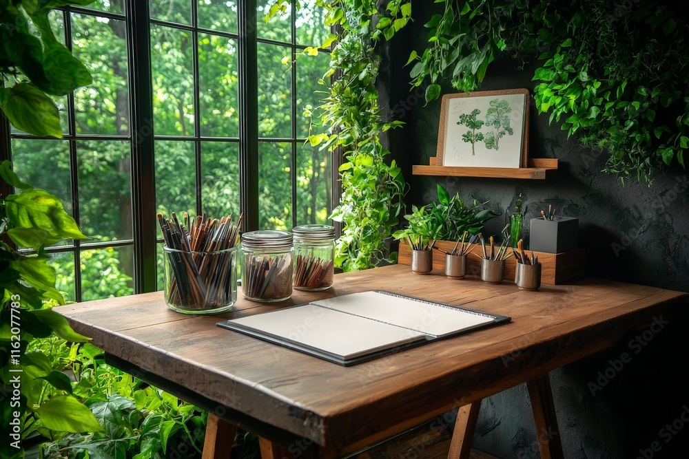 Fototapeta premium A Cozy Artistic Nook Featuring an Antique Wooden Desk Surrounded by Lush Greenery and Natural Light Perfect for Creative Inspiration and Relaxation