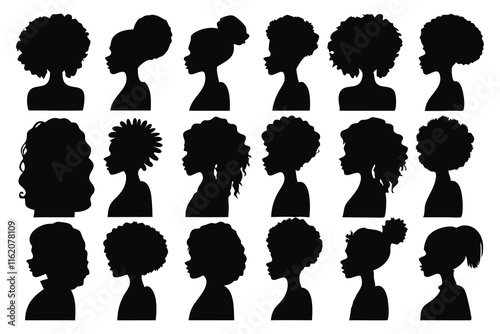 Afro girl halp body silhouettes set isolated flat vector illustration on white background