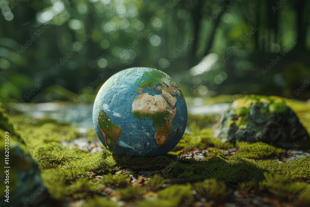 globe resting on moss in a forest Europe and Africa environment concept globe resting on moss in a forest Europe and Africa environment concept