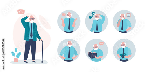 Alzheimer's Symptoms infographic, medical poster. Confusion senior. Aged man mentally problems, seniors disabled. Elderly loss memory, dementia information.