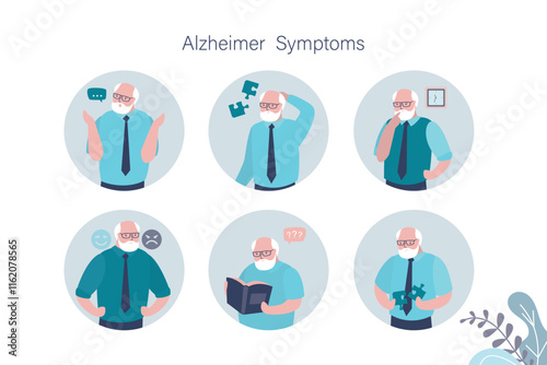 Alzheimer's Symptoms infographic, medical poster design. Aged adult mentally problems, seniors disabled. Elderly loss memory, dementia information.