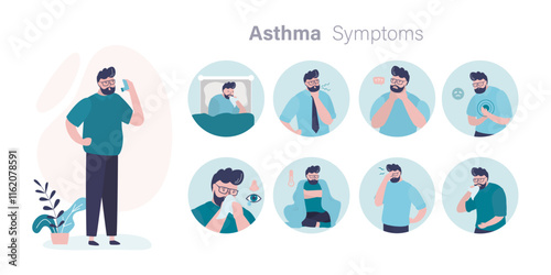 Asthma symptoms infographic. Asthma patient uses inhaler. Information on triggers, symptoms and treatment of asthma.