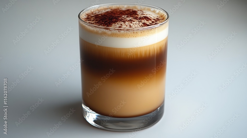 Layered coffee drink in a glass with cocoa powder. Layered coffee drink in a glass with cocoa powder.