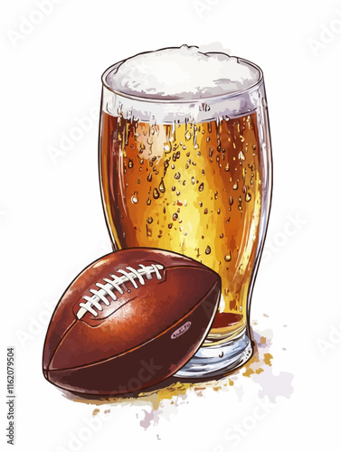 Illustration of a American football ball and a glass of beer. Isolated vector.