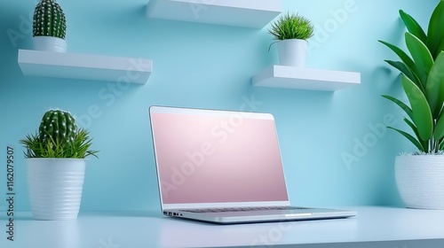Wallpaper Mural Modern Workspace Featuring Sleek Laptop, Wall-Mounted Shelves, and Greenery in a Fresh Blue Setting for an Organized Productive Environment Torontodigital.ca