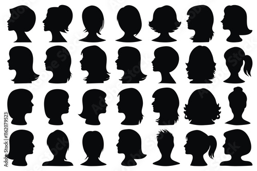 Female haircuts silhouettes set isolated flat vector illustration on white background.