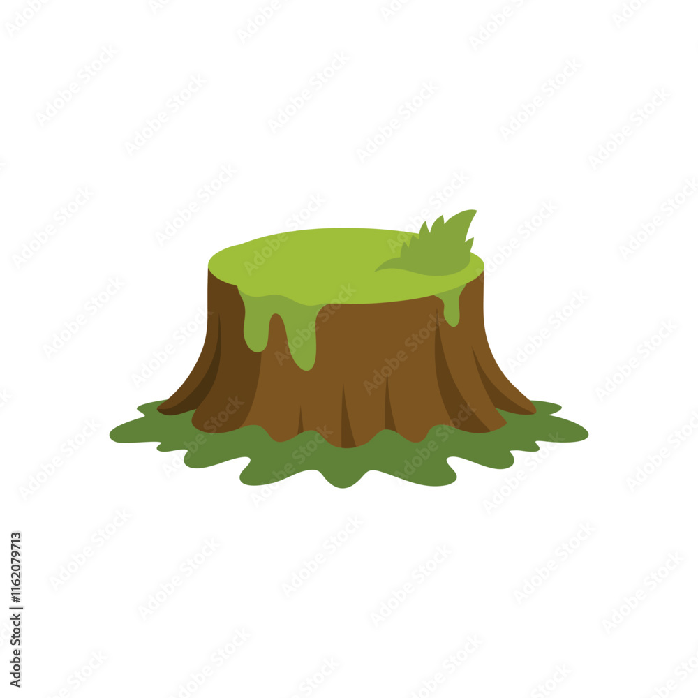 Moss covered old tree stump isolated flat vector illustration on white background