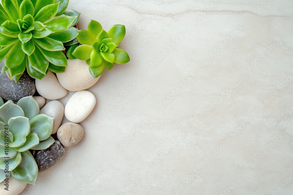 A serene arrangement of succulents and pebbles on a light surface. A serene arrangement of succulents and pebbles on a light surface.