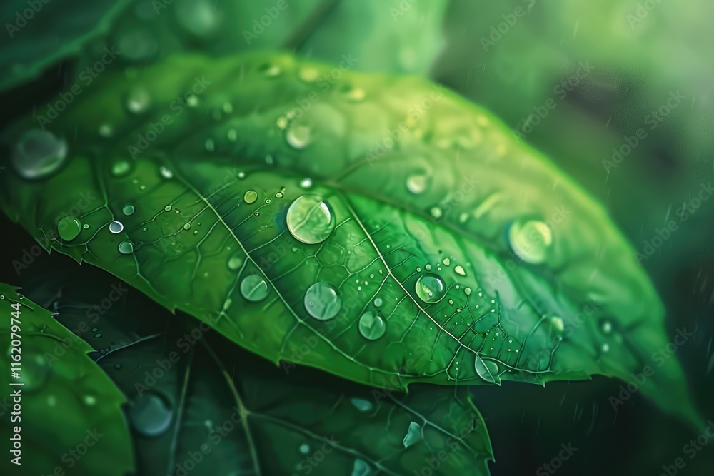 Green leaf with water droplets environmental care and sustainability. Green leaf with water droplets environmental care and sustainability.
