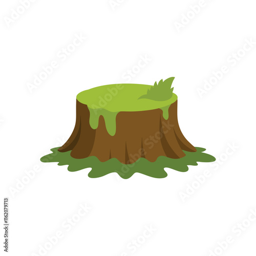 Moss covered old tree stump isolated flat vector illustration on white background
