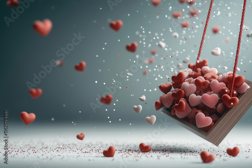 Red and white hearts falling from a wooden box on a rope swing, flying around in the air. Romantic atmosphere for Valentine's Day surprise.