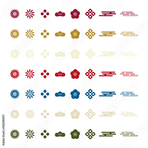 お正月カラーの和柄花アイコンセット