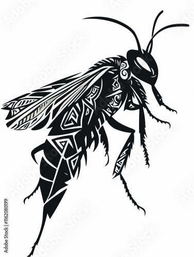 Stylized black and white tribal art illustration of a wasp with intricate patterns on its body and wings, depicted in a graphic and sharp style.