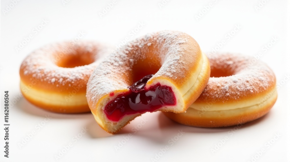 Jelly Filled Donuts with Powdered Sugar on Top. With the Jelly Filling Visibly Oozing Out. Jelly Filled Donuts with Powdered Sugar on Top. With the Jelly Filling Visibly Oozing Out.