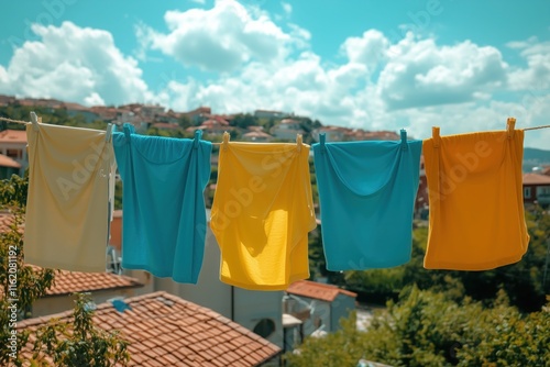 Sunny Day Laundry: Vibrant colored clothes hanging on a clothesline, drying in the sun with a picturesque town in the background. A summery scene evoking feelings of freshness and relaxation. 