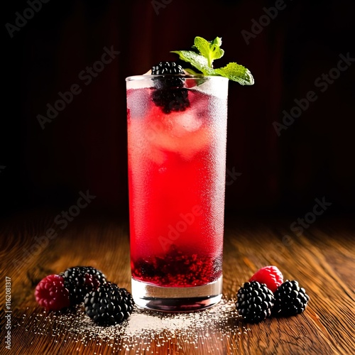 styled photo of a Mixed Berry Julep cocktail, served in a sleek and tall Collins glass over crushed ice