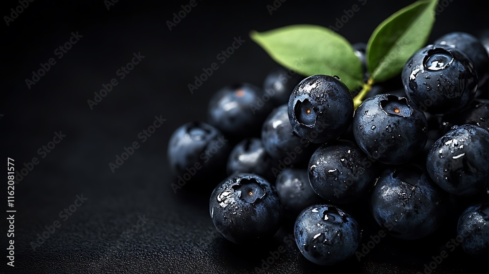 Close-up of fresh blueberries with water droplets on a dark background. Close-up of fresh blueberries with water droplets on a dark background.