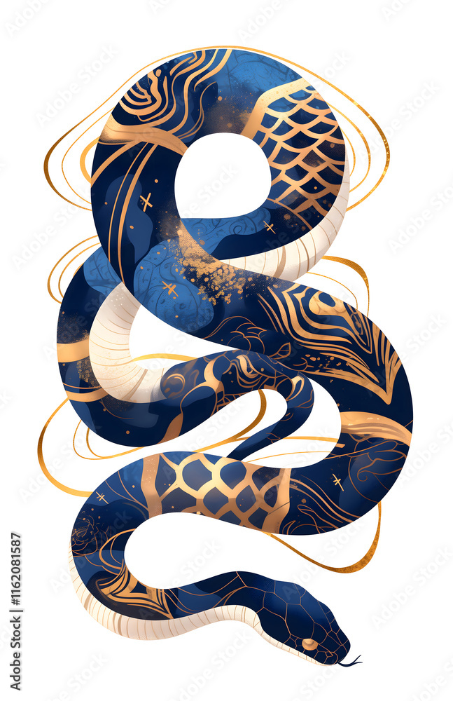 Navy blue Snake with abstract asian style gold pattern skin illustration - symbol sign of Chinese New Year 2025. Navy blue Snake with abstract asian style gold pattern skin illustration - symbol sign of Chinese New Year 2025.