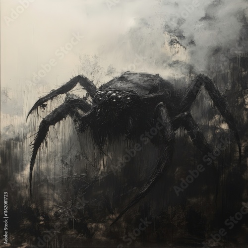 A dark, surreal depiction of a large spider emerging from a shadowy background, evoking feelings of fear and intrigue. The artwork uses monochromatic tones to create a haunting atmosphere. photo