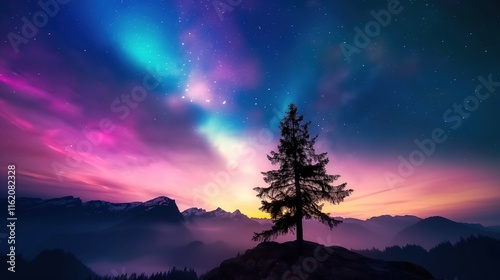 Serene landscape under a vibrant aurora borealis, featuring a lone pine tree silhouetted against the glowing sky. Travel, Nature, Environmental Protection Projects, Meditation, Aurora Promotion