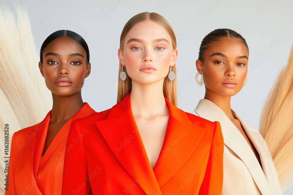 Modern fashion photoshoot with models showcasing vibrant coral dresses and elegant beige accessories against a minimalist backdrop Modern fashion photoshoot with models showcasing vibrant coral dresses and elegant beige accessories against a minimalist backdrop