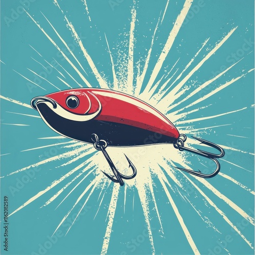 Red fishing lure with three hooks on a burst background. photo