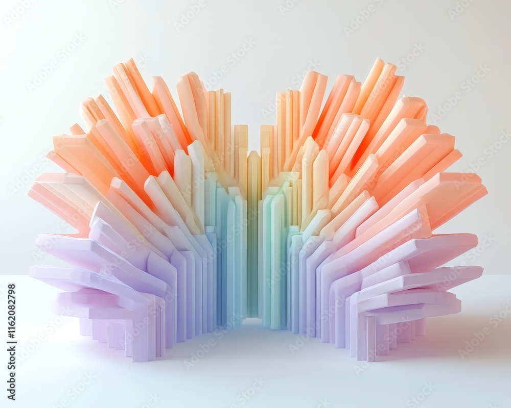 The image features a colorful, abstract sculpture resembling a wave or fan, created with layered, protruding shapes in pastel hues, suggesting a playful and artistic design. The image features a colorful, abstract sculpture resembling a wave or fan, created with layered, protruding shapes in pastel hues, suggesting a playful and artistic design.
