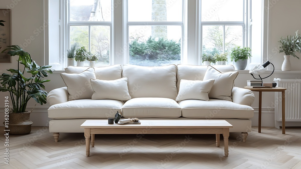 Fototapeta premium Elegant cream sofa in bright living room with large windows, wooden coffee table, and plants.