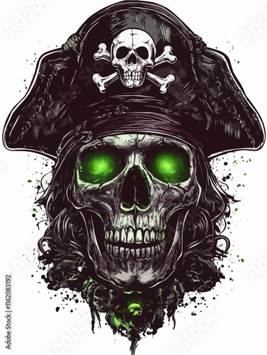Pirate skull illustration on white background. Isolated pirate skull design. Print template. Clothing design template.