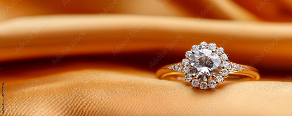 Obraz premium Engagement Ring halo concept. Elegant diamond ring on a luxurious golden fabric background.